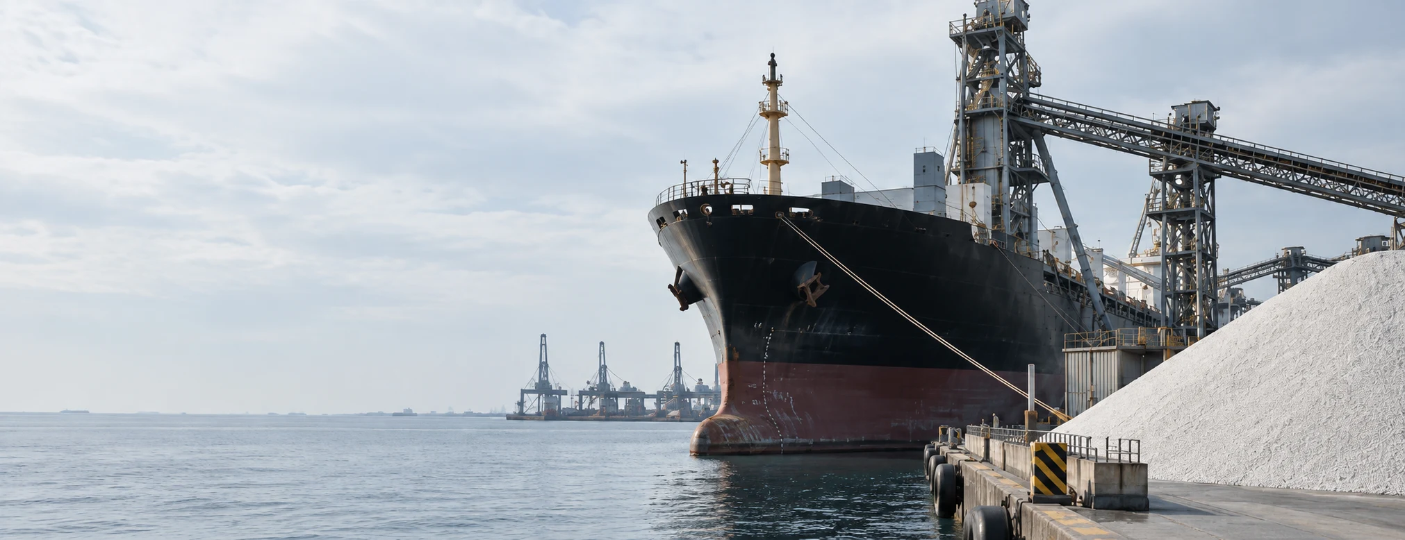 Bulk carrier at a fertilizer terminal with loading conveyors and a white fertilizer stockpile