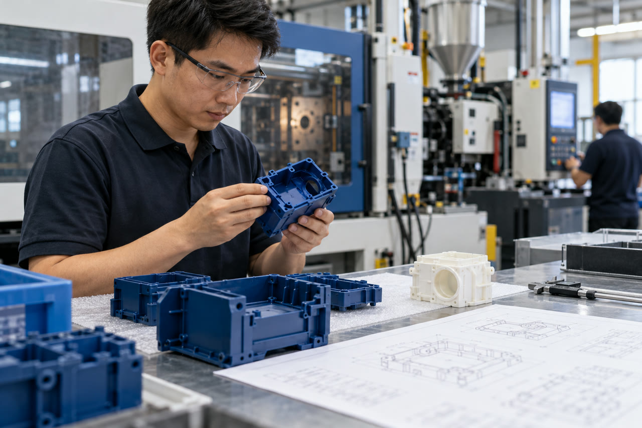 Técnico inspeccionando componentes de polímero fabricados a medida