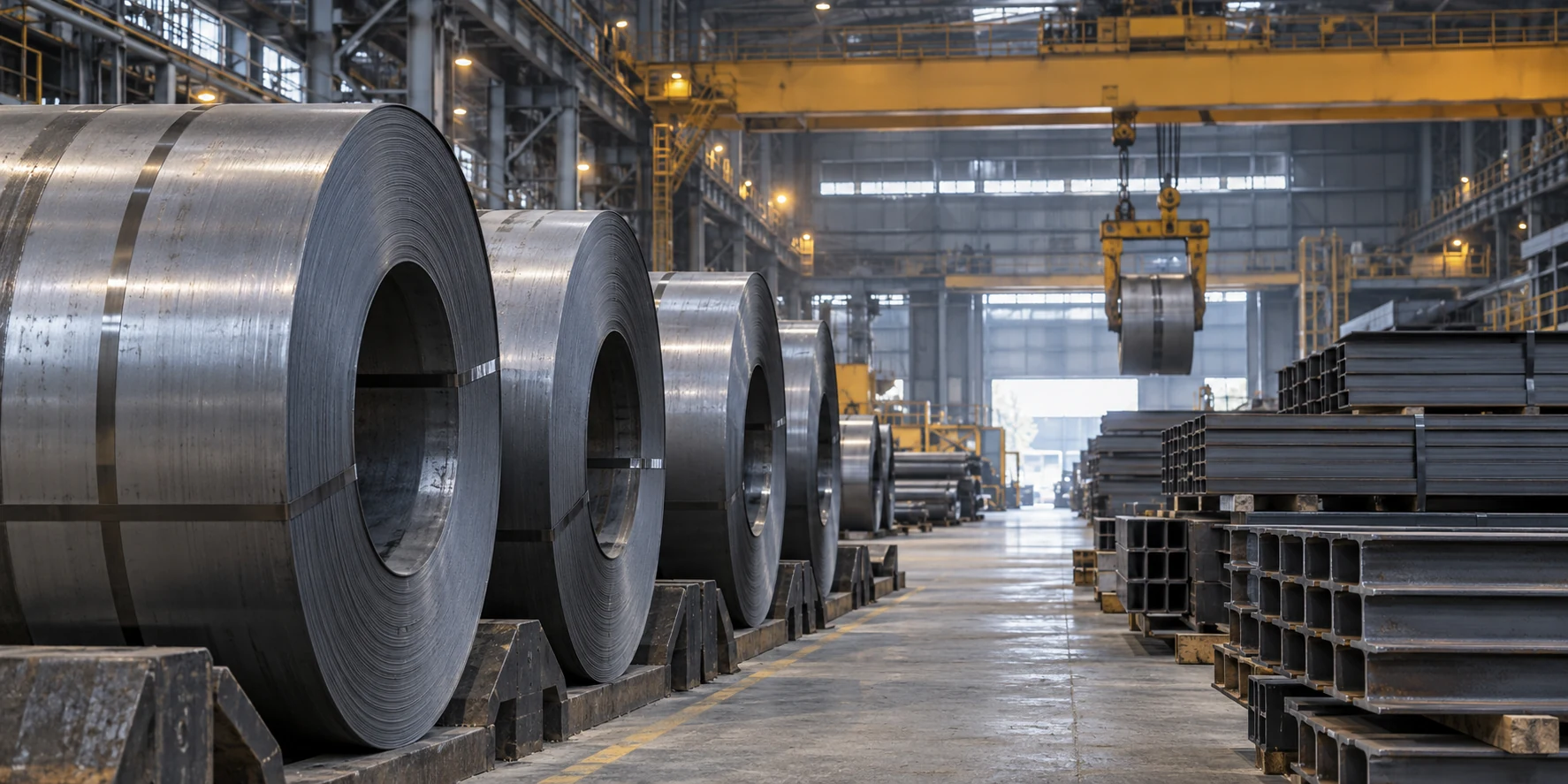 Bobinas de acero y perfiles estructurales en una planta industrial